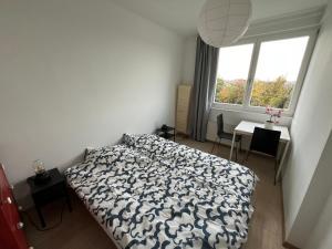 布达佩斯Castle View Apartment的一间卧室设有一张床、一个窗口和一张桌子
