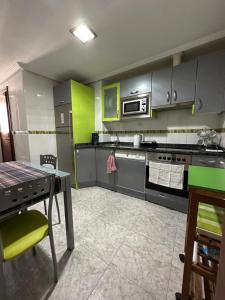维多利亚-加斯特伊兹Apartamento Kalea corazón urbano的厨房配有绿色和灰色的橱柜和桌子