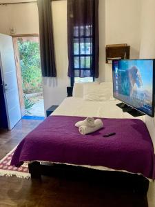 米茨佩·拉蒙cozy room的一间卧室配有一张带紫色毯子的床