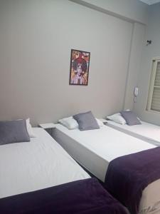 里贝朗普雷托Hotel Apiacas的墙上有照片的房间,有三张床