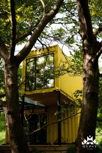 AsuretʼiGipsy Village Park Hotel的树上一扇窗户的黄色建筑