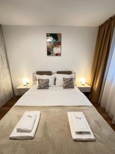 布拉索夫Deluxe Cozy Apartments - Coresi Mall #Brasov的一间卧室配有一张大床和两条毛巾