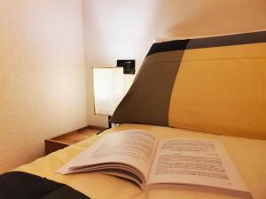 普雷达佐ElvesHome - Alpine Stay Apartments的一张睡床上的开放式书