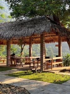 清化Pu Luong - Duy Phuong Homestay的一个带长椅和草屋顶的木制凉亭
