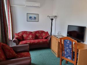 汉诺威Erbenholz Hotel的客厅配有红色沙发和电视