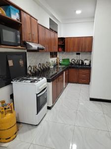 皮利亚恩达拉Hansi Villa的厨房配有木制橱柜和白色炉灶烤箱。