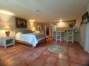 科苏梅尔Hacienda Camelot的一间设有床铺和厨房的大卧室