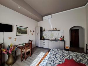 比森齐奥营IL REGNO DI IOSE'的客房设有厨房、桌子和床。