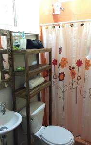 El GiganteThe Grand Mango的一间带卫生间和淋浴帘的浴室
