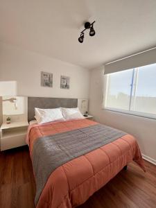 卡尔德拉Caldera Apartment的一间卧室设有一张大床和一个窗户。