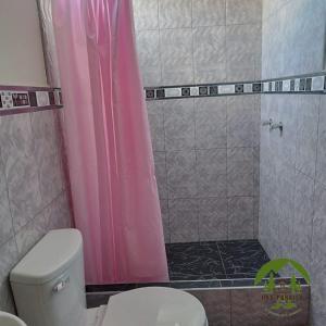 奥克萨潘帕Hospedaje Oxa Paraíso的一间带粉红色淋浴帘和卫生间的浴室
