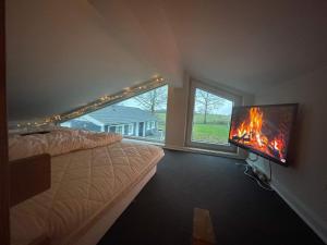 奥本罗Holiday home Aabenraa LXXVIII的一间卧室设有一张床、一台电视和一个窗口。