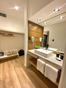 诺诺Magnolia Suites的一间带大水槽和大镜子的浴室