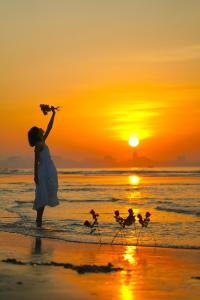 汕尾汕尾保利希尔顿逸林酒店的日落时站在海滩上的女孩