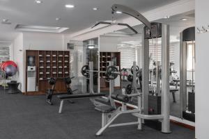 Alamedin詹纳特度假酒店的健身房设有两台跑步机和举重器材