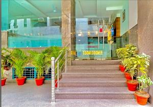 新德里Hotel The Glory Near Delhi International Airport的一座种植盆栽植物的建筑中的楼梯