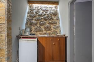 塞尼梅西奇卡罗Ξενώνας Ηχώ的厨房设有石墙和小冰箱。