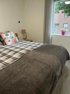 布罗斯Lugnt och centralt läge的一间卧室配有一张带枕头和窗户的床