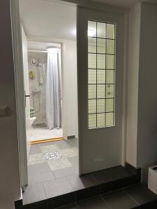 布罗斯Lugnt och centralt läge的带淋浴的浴室以及通往浴缸的门。