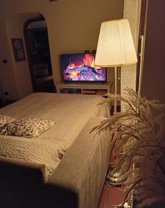 都灵C'era una "volta"... un appartamento a Torino的一间卧室配有一张床和一台平面电视