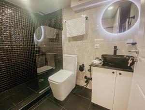 第比利斯Luxury Duplex Studios - City Center的一间带卫生间、水槽和镜子的浴室