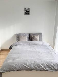 Le MeuxL'Ulmeusienne contemporaine的卧室配有带灰色棉被的床