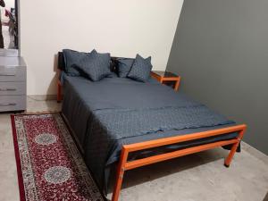巴特那Eastern guest house的一张位于带蓝色毯子和枕头的床铺