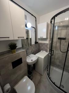 华沙Murano Apartaments Promenada studio的一间带水槽、卫生间和淋浴的浴室