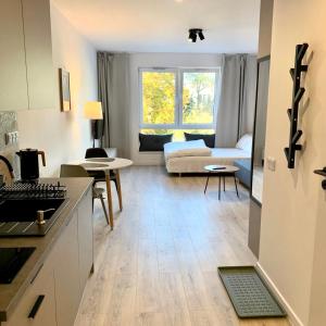 罗兹Platon Residence Apartments的厨房以及带沙发和桌子的客厅。