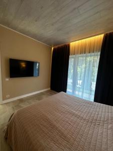 ProkhorovkaPark-Hotel Tihiy Les的一间卧室配有一张床和一台平面电视