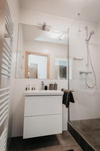 科希策Old Town city center apartment 2 - private parking included的白色的浴室设有水槽和淋浴。
