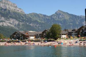 安特特泽Resort Walensee 45的一群人,在海滩上,有山地背景