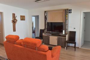 博加奇Borács Winedégház的客厅配有橙色沙发和电视