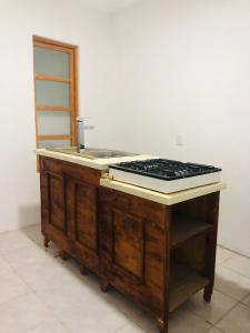 瓜达拉哈拉Casa Tanah的厨房柜台设有水槽和炉灶。