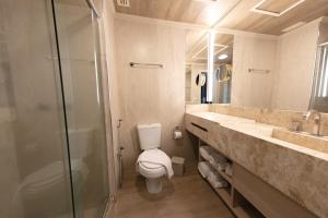 本图贡萨尔维斯Spa do Vinho Condomínio Vitivinícola的一间带卫生间和玻璃淋浴间的浴室