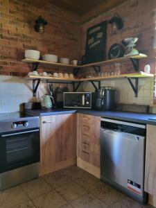 奥什恰德尼察Chata Kolmanovci的厨房配有木制橱柜和炉灶烤箱。