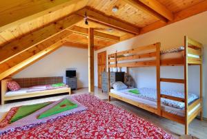 大洛西尼索鲁比罗西尼木屋的带木天花板的客房设有两张双层床。