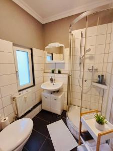 帕德博恩City Apartment Paderborn Apartment 6的带淋浴、卫生间和盥洗盆的浴室