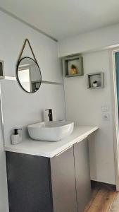 Plaisance-du-TouchCharmant Studio Cosy的浴室设有水槽和镜子,位于柜台上