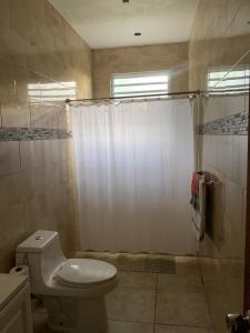卢基约Million dollar view in Puerto Rico的一间带卫生间和淋浴帘的浴室