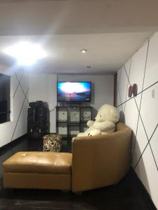 瓦拉斯Departamento Amoblado的坐在电视机前的沙发上的泰迪熊