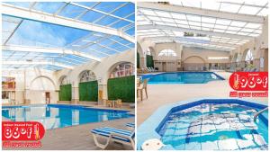 罗萨里托新巴哈港酒店及别墅的建筑物游泳池的两张照片