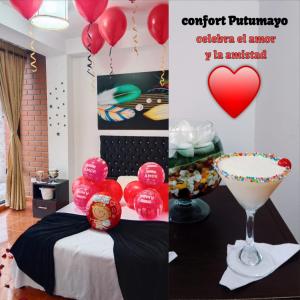莫科阿Confort Putumayo的一张带床和气球的房间的照片拼合在一起