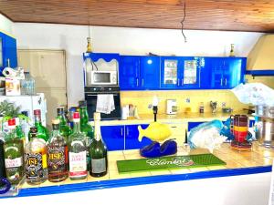 DucosVILLA JASON的厨房配有蓝色橱柜和柜台上的酒瓶