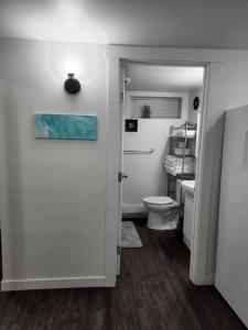 萨斯卡通TheAuroras: Vibrant&Cheerful 2 bdrm Stylish suite的一间带卫生间、水槽和门的浴室