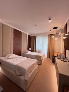 拉姆尼库沃尔恰卡斯特利酒店的酒店客房设有两张床和大窗户。