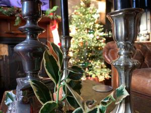爱丁堡梅菲尔德23号酒店的两瓶花瓶坐在桌子上,有一棵圣诞树