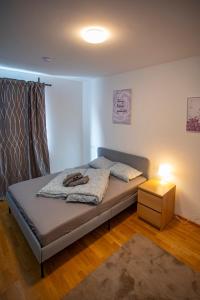 因斯布鲁克NEW East Side Apartment Innsbruck I Free Parking的一间卧室配有一张带床头柜的床和一张四柱床。