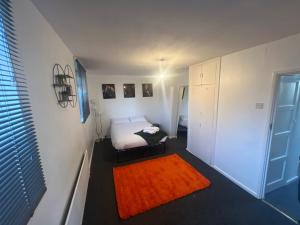 伦敦a two bedroom cosy hideaway based in greenwich的一间小卧室,配有床和橙色地毯