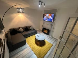 伦敦a two bedroom cosy hideaway based in greenwich的带沙发和壁炉的客厅